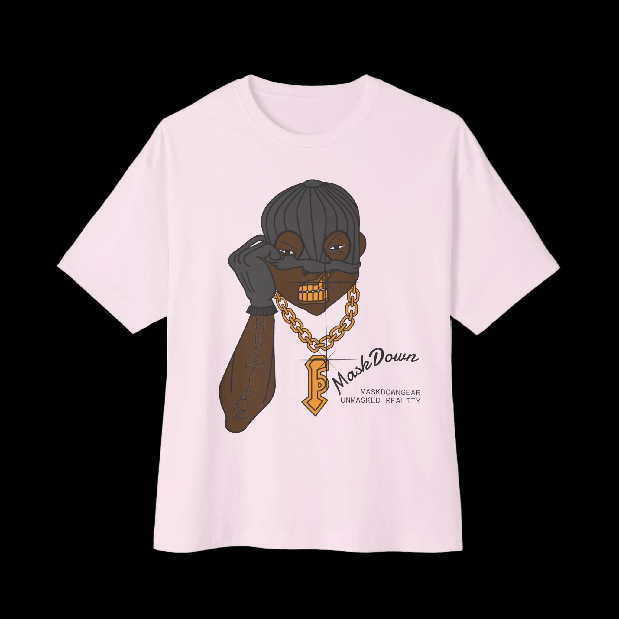 MaskDown Graphic Tee — Urban Streetwear Oversized T‑Shirt with Gold Chain Design