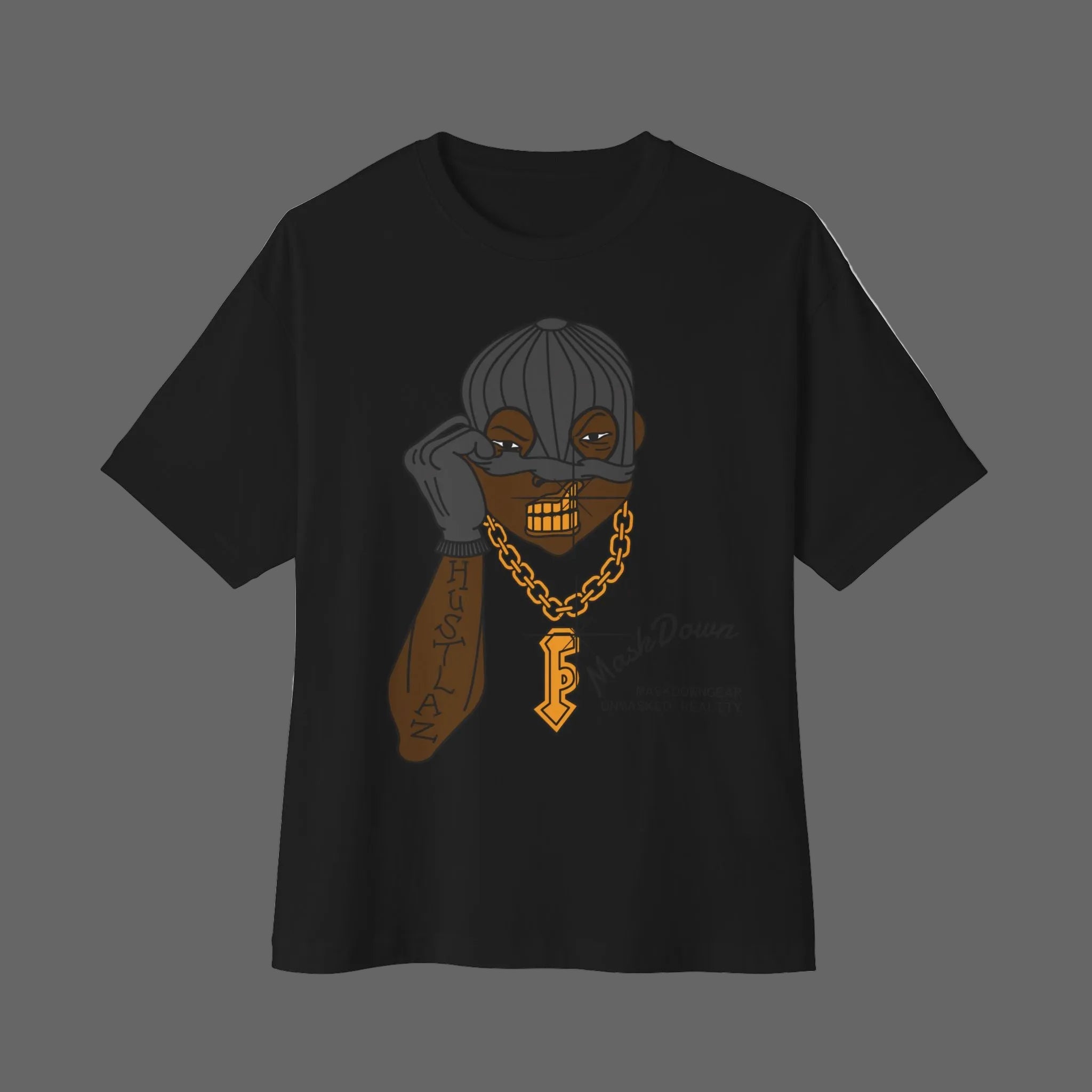 MaskDown Graphic Tee — Urban Streetwear Oversized T‑Shirt with Gold Chain Design