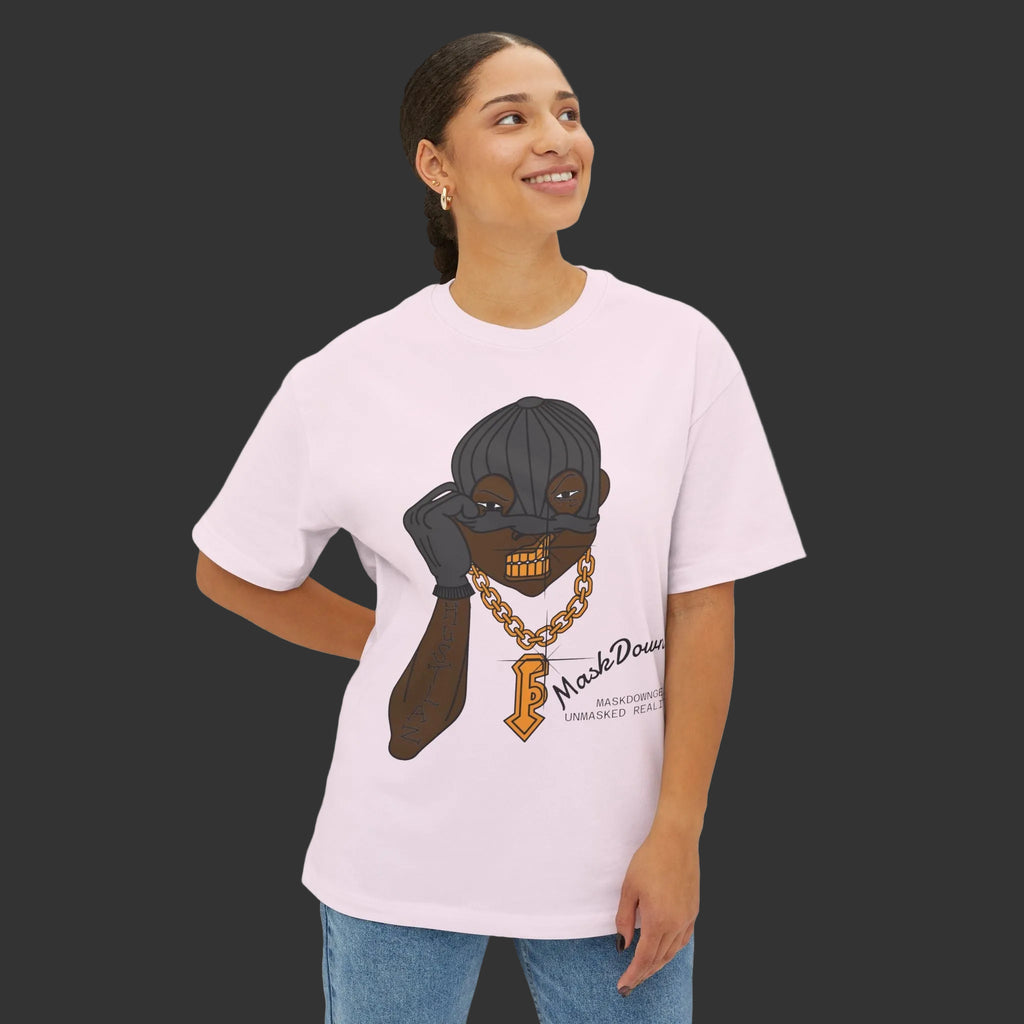 MaskDown Graphic Tee — Urban Streetwear Oversized T‑Shirt with Gold Chain Design