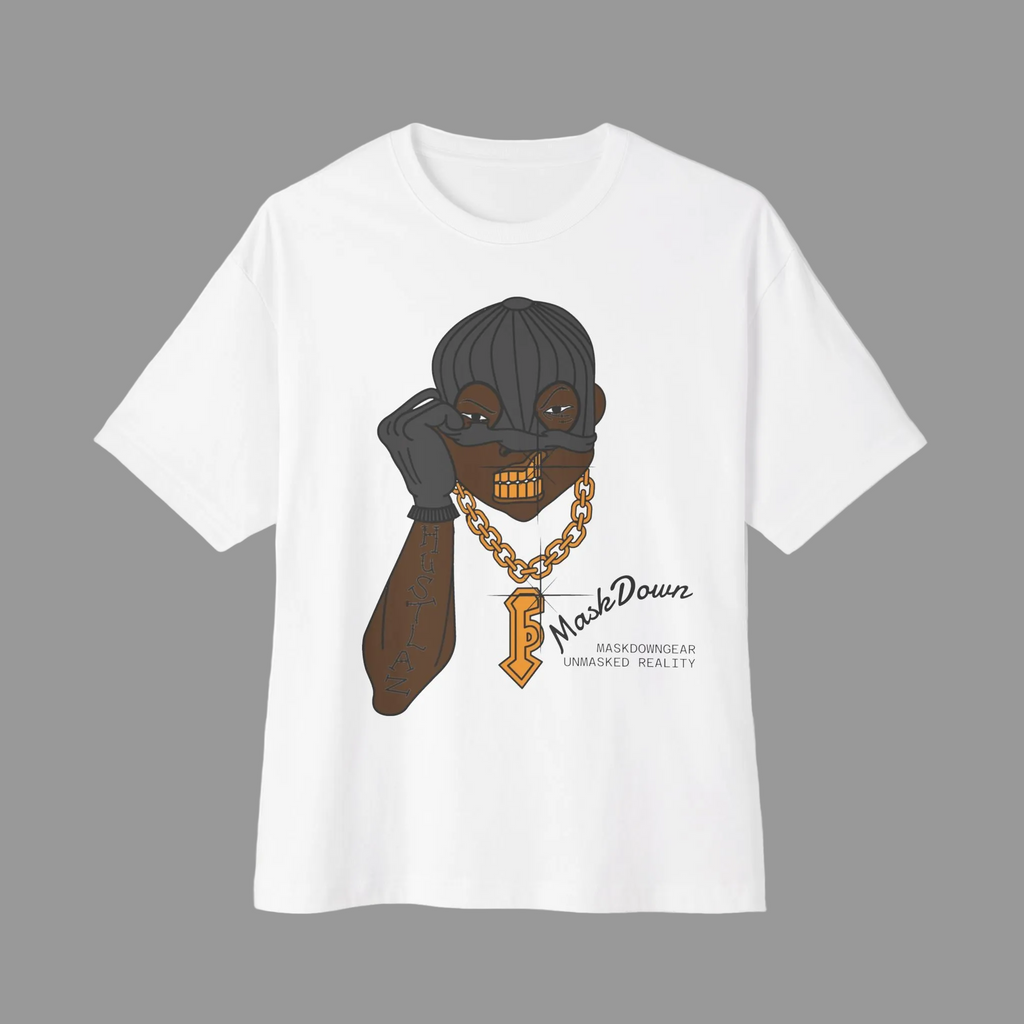MaskDown Graphic Tee — Urban Streetwear Oversized T‑Shirt with Gold Chain Design
